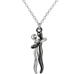 Stainless Steel Hugging Couple Pendant Necklace - Black Male & Silver Female